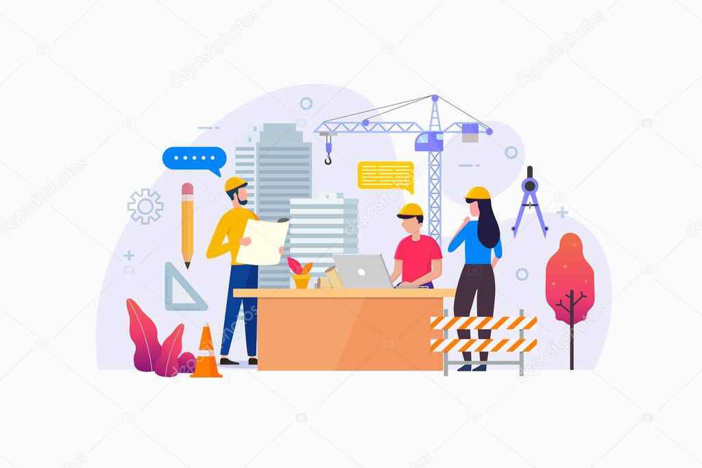 Architecture Agency Vector Illustration Concept Showing architect and Draftman planing for building large office space