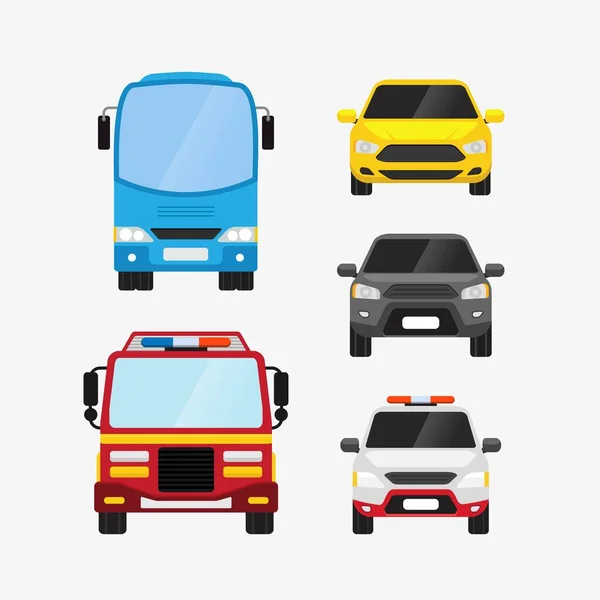 Cars Vector Set Front View Personal Public Transport Vector Illustration — Stock Vector