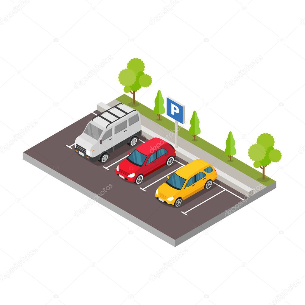 Isometric car in the parking area with trees design concept vector illustration