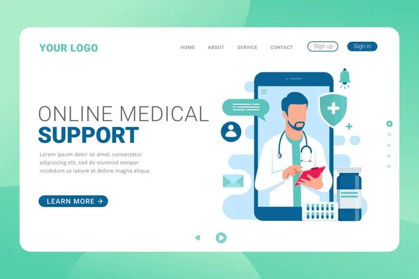 Landing Page Template Online Medical Support Doctor Beratung Smartphone App — Stockvektor