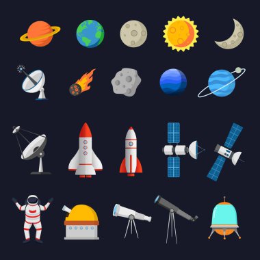 Uzay nesneleri koleksiyonu. Uzay gemisi, roket, astronot vektör çizimi koyu arkaplanda izole edildi