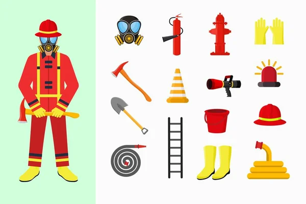 Fireman equipment and firefighter character vector illustration