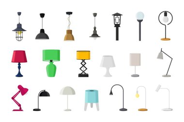 Farklı türde lambalar, düz biçim vektör illüstrasyonu koleksiyonu