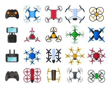 Beyaz arkaplan vektör illüstrasyonunda izole edilmiş hava araçları ve uzaktan kumanda araçları