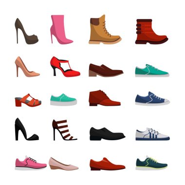 Beyaz arkaplan vektör illüstrasyonunda izole edilmiş farklı kadın ve erkek ayakkabıları ile set