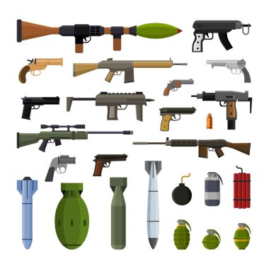 Modern silah ve bomba silahları dizayn ögesi beyaz arkaplan vektör illüstrasyonunda izole edildi