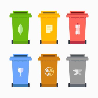 Geri dönüşüm kutusu plastik, metal, cam, kağıt, mutfak atığı element düz tasarım çizimi