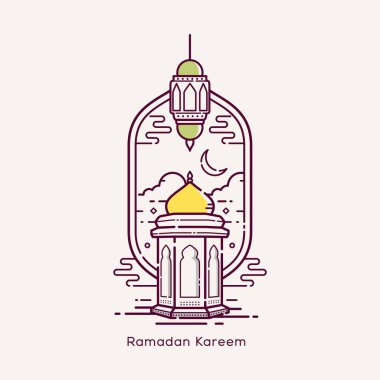 Ramazan kareem Arapça kaligrafi, cömert tatil ve cami çizgisi sanat tasarımı illüstrasyonuyla kutsal ayın kutlanması anlamına gelir.