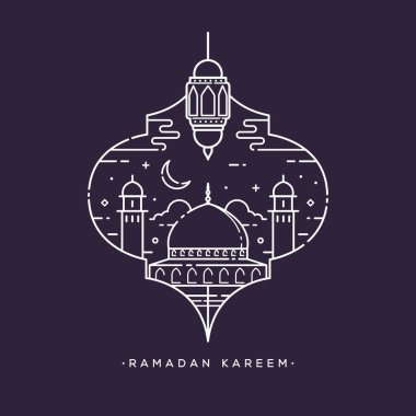 Ramazan kareem Arapça kaligrafi, cömert tatil ve cami çizgisi sanat tasarımı illüstrasyonuyla kutsal ayın kutlanması anlamına gelir.
