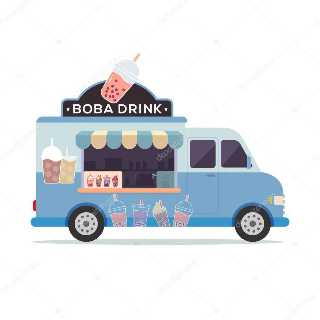 Food truck vehicle fast food shop on the truck isolated on white background vector illustration