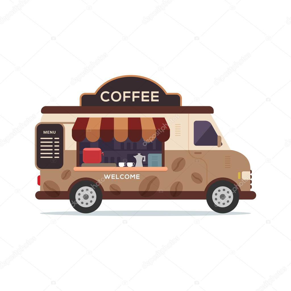 Food truck vehicle fast food shop on the truck isolated on white background vector illustration