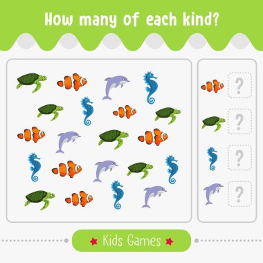 Eğitici çocukların oyununu sayıyorum. Anaokulu çocukları için çocuk aktivitesi. Her tür resimden kaç tanesi nesne vektör illüstrasyonunu sayıyor?