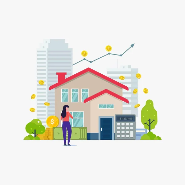 Inversión Inmobiliaria Mujer Analizando Beneficio Diseño Bienes Raíces Concepto Vector — Vector de stock