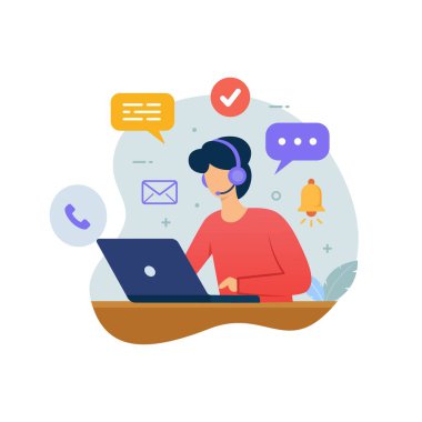 Customer service call center with people using headphones and laptop for support customer vector illustration