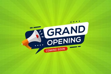 Grand opening announcement banner invitation with megaphone speaker opening celebration announcement vector illustration