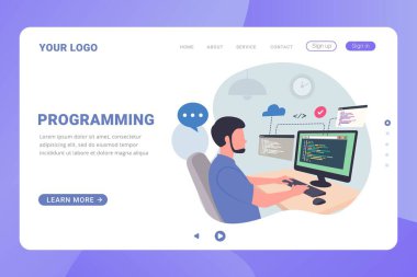 Programcı programlama web sitesi iniş sayfası şablonu çizimi