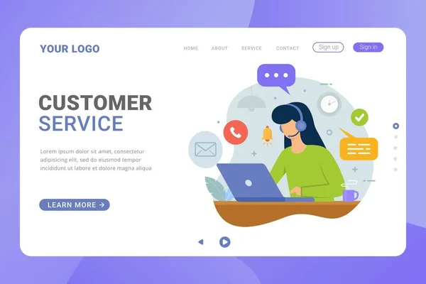 Customer Service Landing Page Customer Support Call Center People Using — Stock Vector