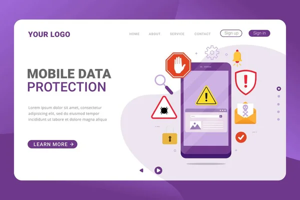 Modelo Página Destino Mobile Data Protection Design Concept Vector Illustration — Vetor de Stock
