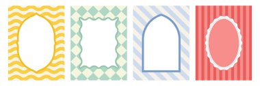 Dalgalı kenarlı çerçeveler. Moda çizimleri geometrik desenler ve kıvrımlı şekillerle sınırlıdır. Davetiyeler için soyut tasarım ögeleri. Düz vektör illüstrasyon koleksiyonu arkaplanda izole