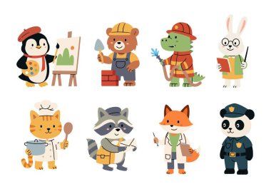 Çeşitli Meslek karikatür vektörlerindeki sevimli hayvan karakterleri. Çeşitli işleri olan sevimli hayvanlar.