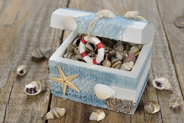 木製の箱に貝殻 — ストック写真