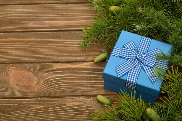 Caja azul y ramas verdes —  Fotos de Stock