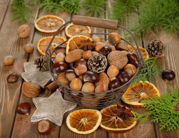 Various nuts in a basket — Stock Photo, Image