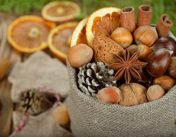 Various nuts in a bag — Stock Photo, Image