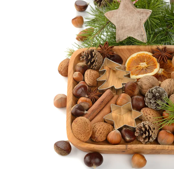 Various nuts in a wooden bowl — Stock Photo, Image