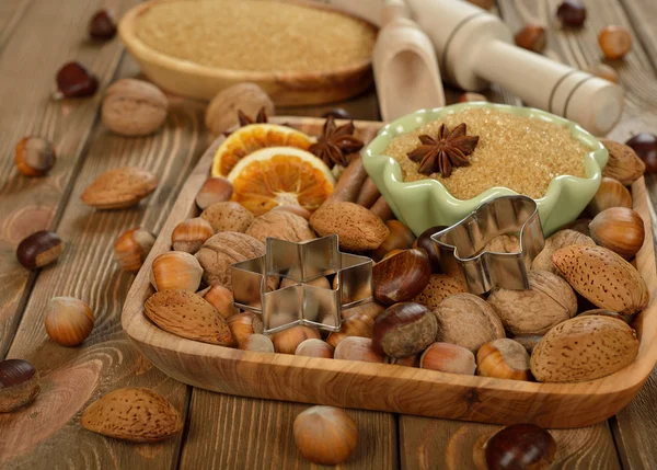 Nuts, spices and sugar — Stock Photo, Image