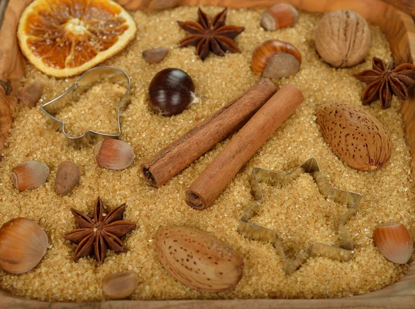 Nuts, spices and sugar — Stock Photo, Image