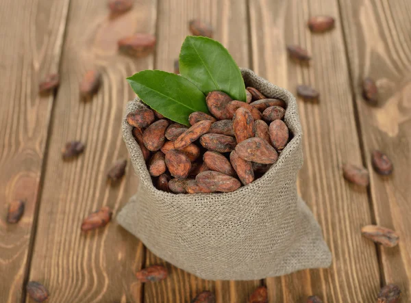 Frijoles de cacao en una bolsa —  Fotos de Stock