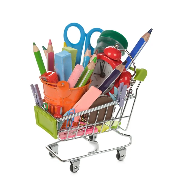 Shopping cart filled with colorful school supplies — Zdjęcie stockowe