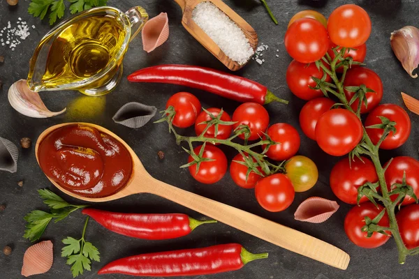 Tomatensaus en specerijen — Stockfoto