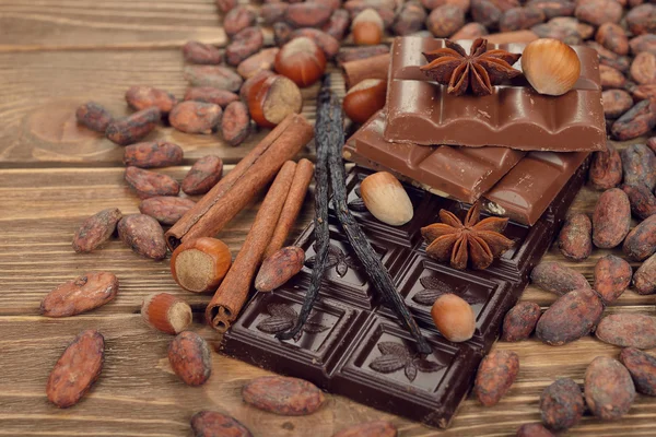 Csokoládé, kakaó bab, és a fűszerek — Stock Fotó