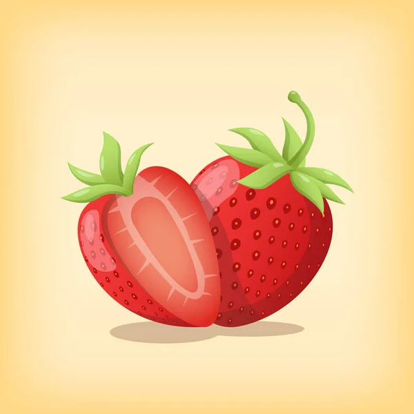 Strawberry Fresh Fruit Slice Whole Realistic Color Flat Style Vector - Stok Vektor