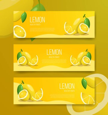 pankart şablonu için limon sağlıklı meyveler yatay varyasyonlar düz renkli vektör tasarımı illüstrasyonlu gerçekçi seçenekler