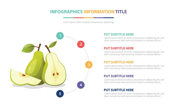 Plantilla Infográfica Fruta Pera Con Números Viñeta Coloridos Descripción Vector — Vector de stock
