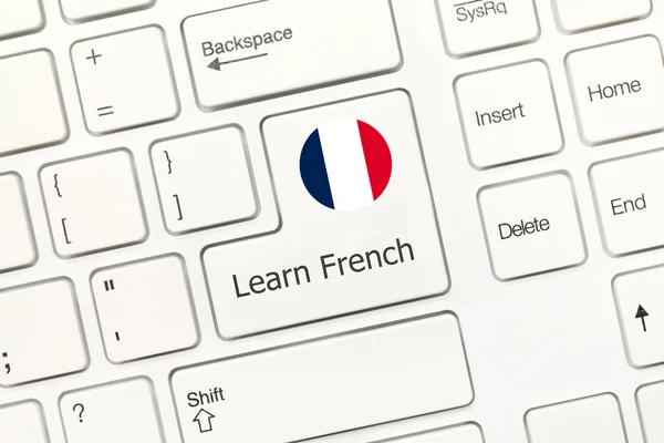 White conceptual keyboard - Learn French (key with national flag — Stock Photo, Image