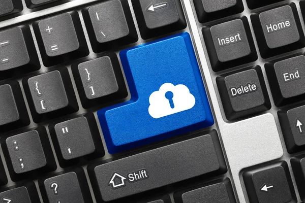 Tastiera concettuale - Tasto blu con simbolo cloud e buco della serratura — Foto Stock