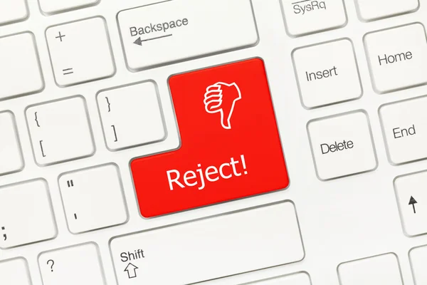 Weiße konzeptionelle Tastatur - Reject (rote Taste mit gedrücktem Daumen) — Stockfoto