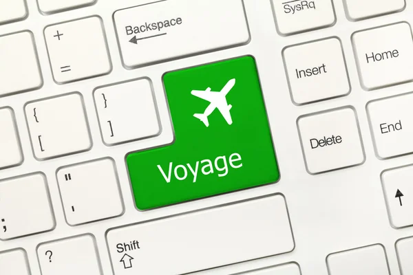 White conceptual keyboard - Voyage (green key with airplane symb — Stock Photo, Image