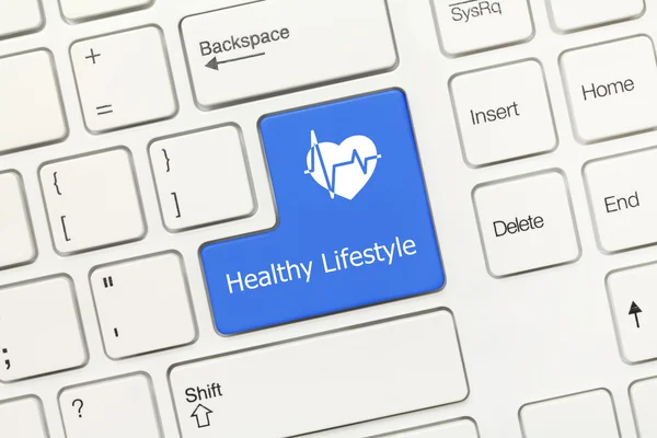 Białe pojęciowy klawiatury - zdrowy tryb życia (niebieski klawisz) — Zdjęcie stockowe
