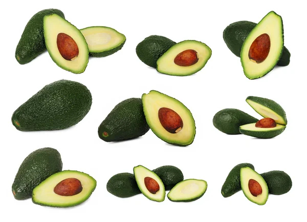 Set whole and sliced avocados (isolated) — Stock Photo, Image