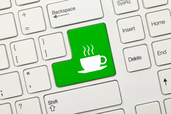 Tastiera concettuale bianca - Tazza di caffè (tasto verde ) — Foto Stock