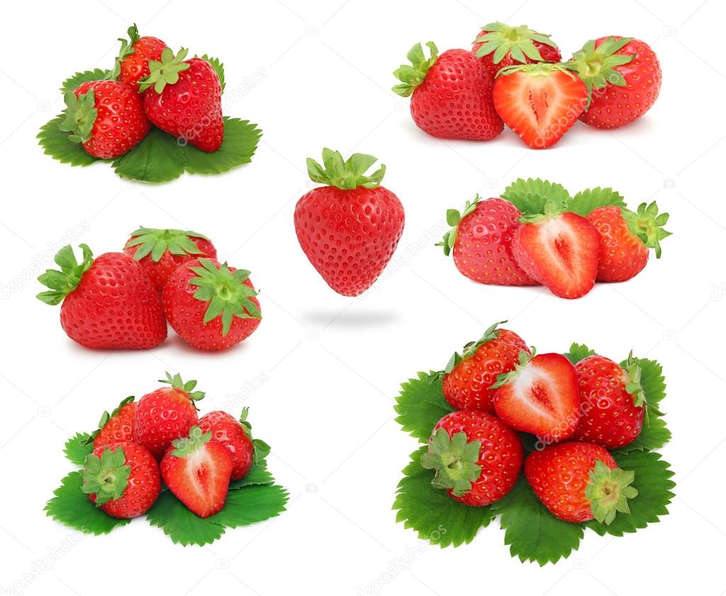 Set ripe strawberries with green leaves (isolated)