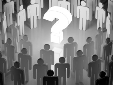 Büyük parlayan soru işareti insan bir kalabalık tarafından çevrili (3d render