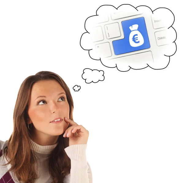 Close-up portrait of girl dreaming about many dollars (isolated) — Stock Photo, Image