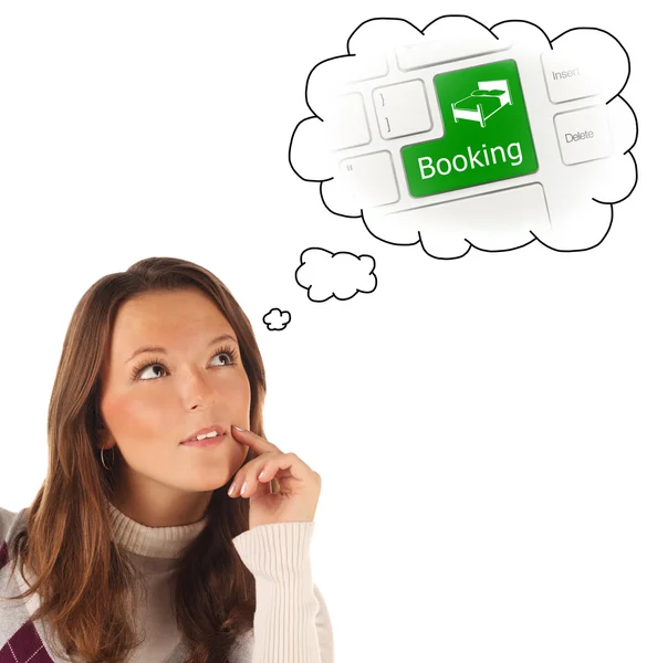 Close-up portrait of girl dreaming about on-line booking service — Stock Photo, Image