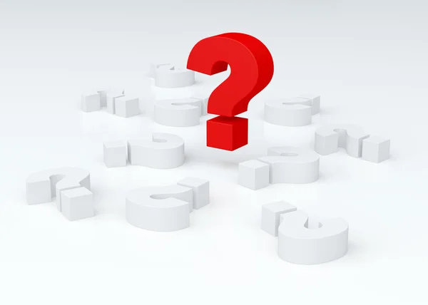 Big red question mark over lying white marks (3D render) — Stock Photo, Image